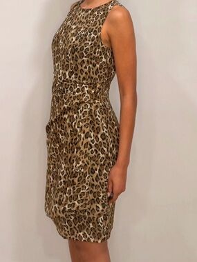David Warren Sleeveless Leopard Print Midi Dress in Tan